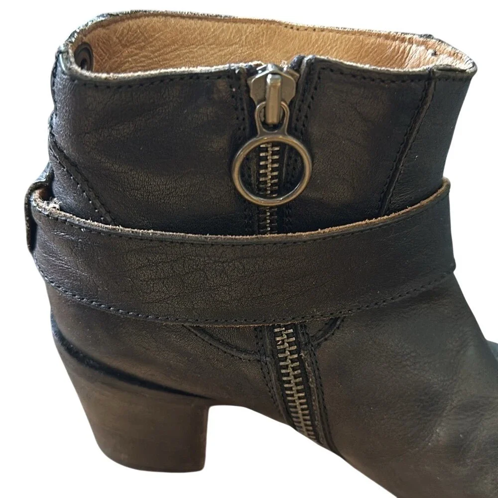 Fiorentini + Baker Black Leather Moto Ankle Boot Buckle Strap Block Heel Italy 6